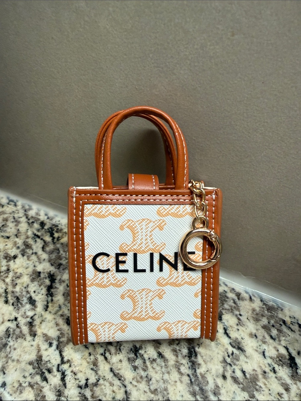 Celine Tan & White Mini Tote keychain / purse charm with Gold key ring